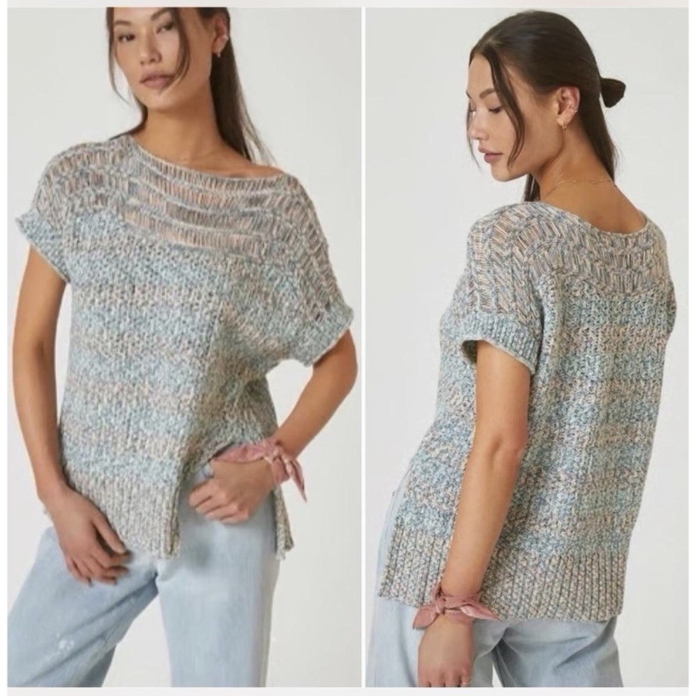 Anthropologie Pilcro Space Dye Knit Sweater 2X Blue Pink Dolman Short Sleeve Top